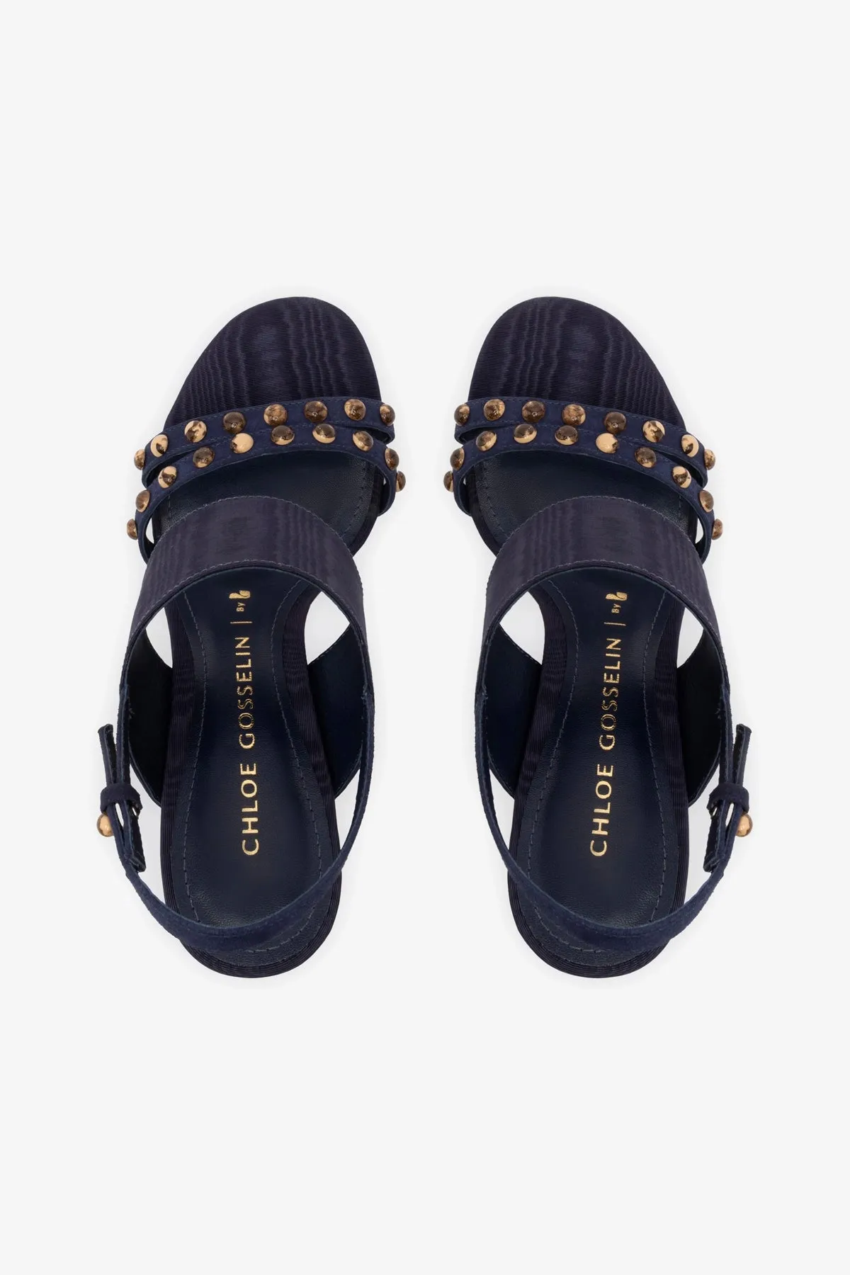 Chloe Gosselin by Larroud Margot Sandal In Deep Navy Suede and Navy Satin