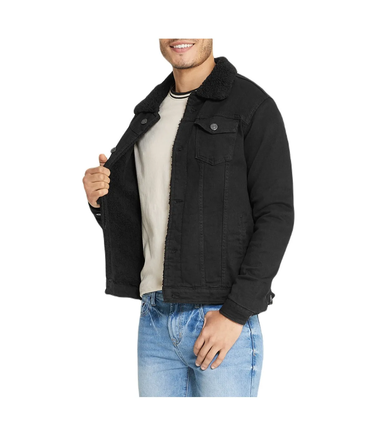 Editors Choice Black Sherpa Collar Black Denim Jacket  Limited Stock!