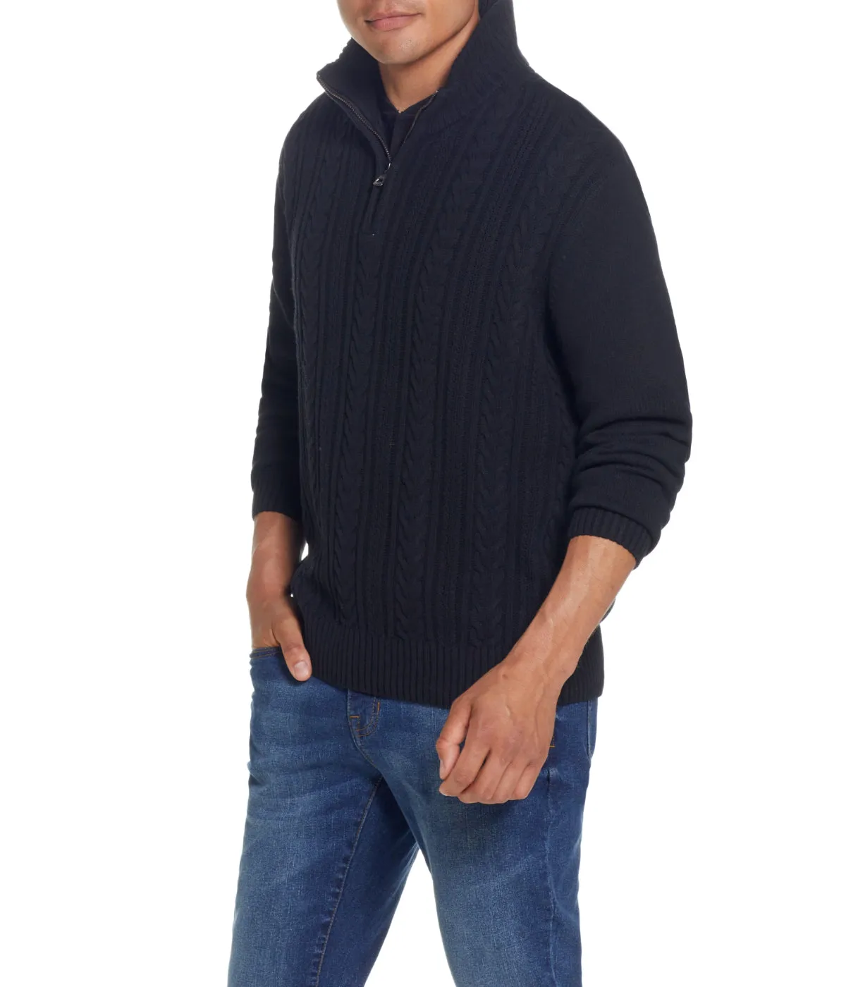 Exclusive Cable Knit Quarter Zip Sweater Black  Stylish & Comfortable