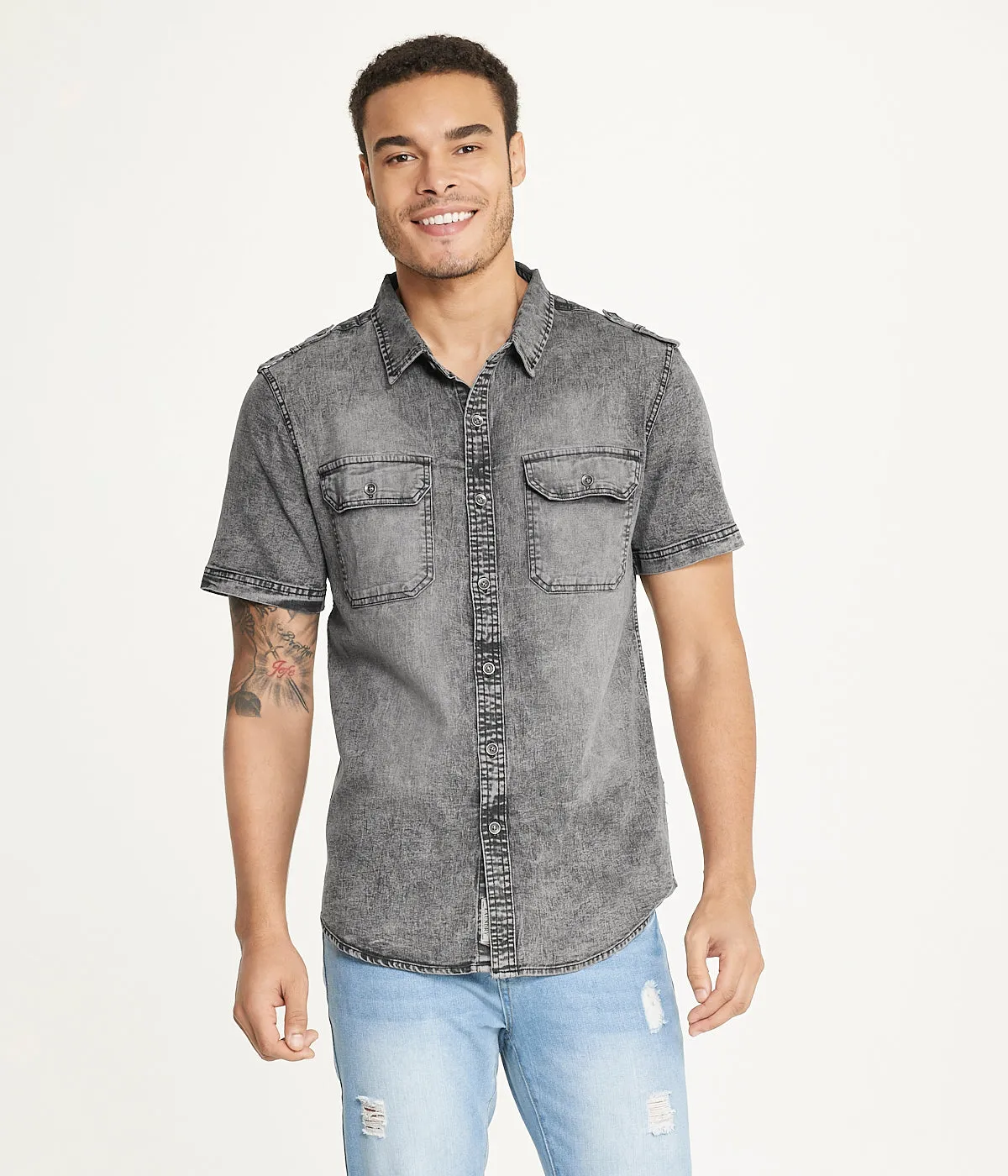 Trending Now Brooklyn Laundry Men's Short Sleeve Stretch Denim Shirt 3  Limited Release!